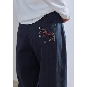 Horse embroidery star and moon Navy Wide-Leg Pants loose style